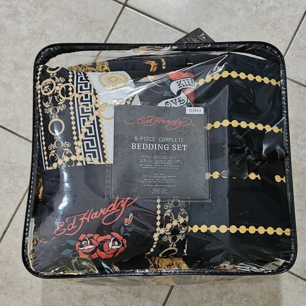 Ed Hardy King 8pc Comforter Set Y2K Multicolored Patchwork Design NWT